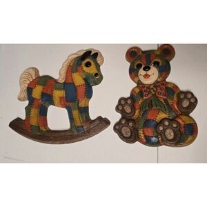Vintage Patchwork Bear & Rocking Horse Wall Plaques 80s Nursery Decor SetFoam